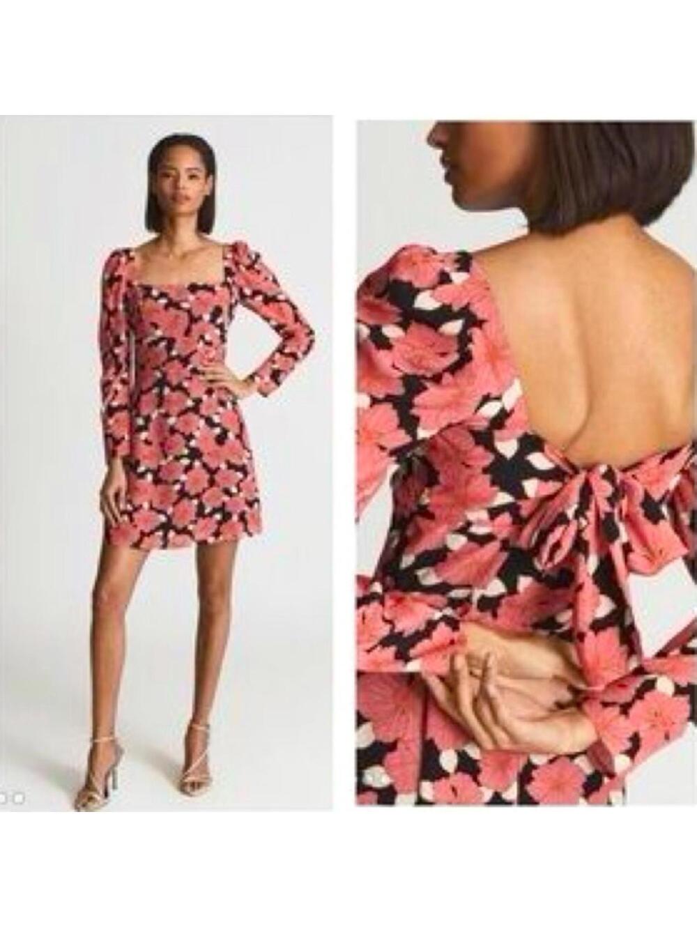NEW Reiss Andi Graphic Floral Square Neck Long Sleeve Dress, size 10